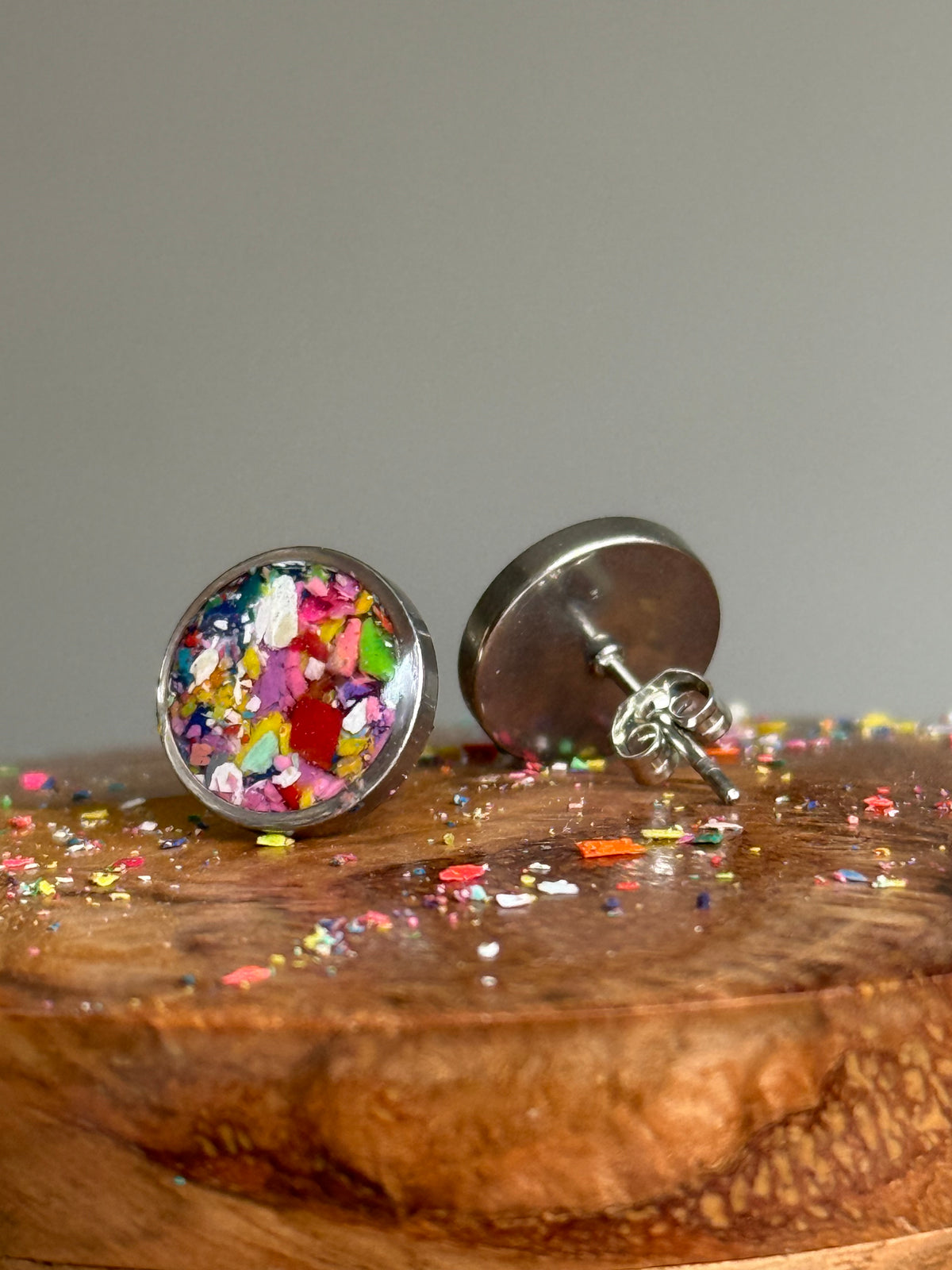 Viva round stud earrings with hand-placed reclaimed crayon colors