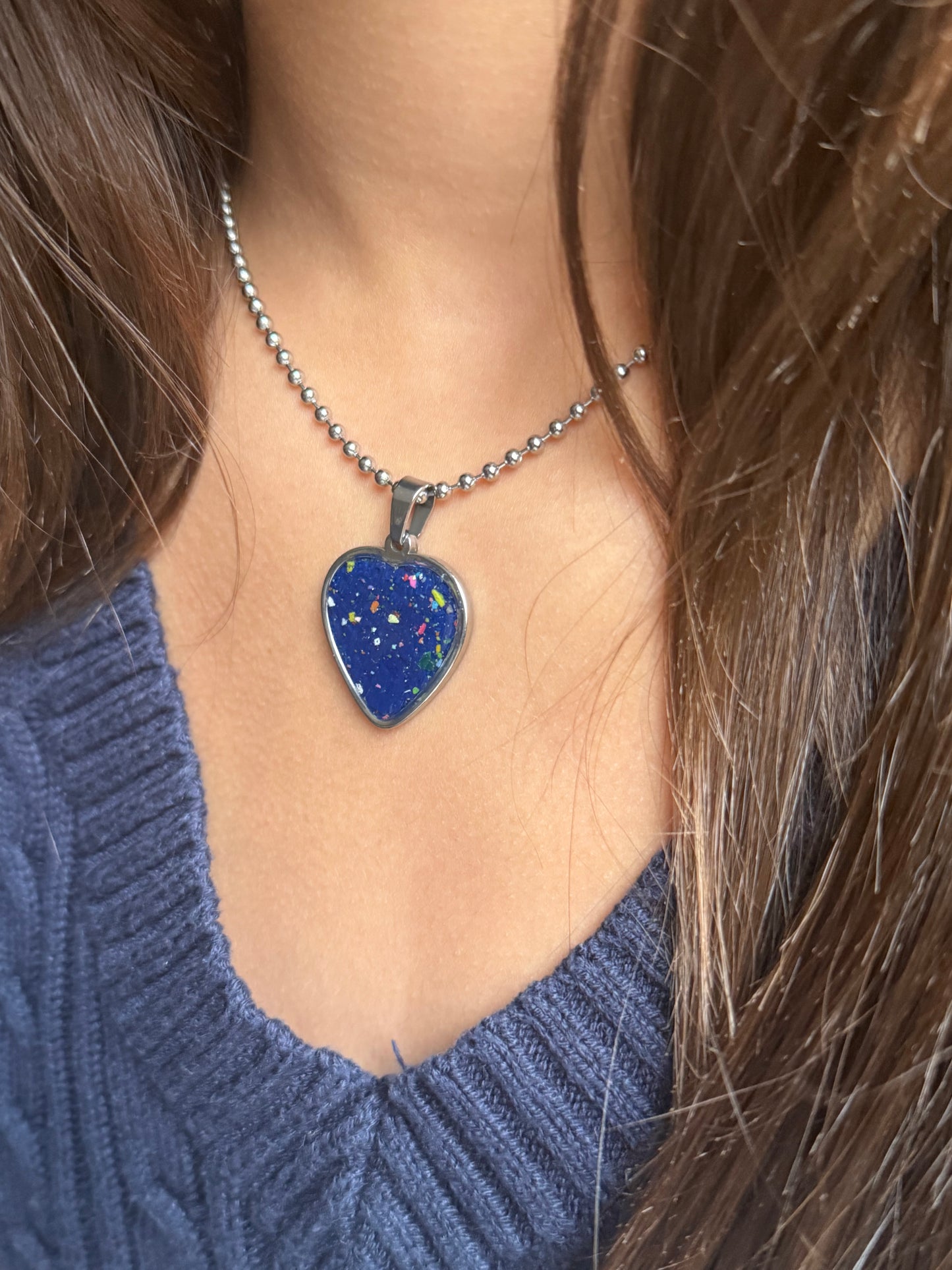 navy blue crayon filled heart shaped stainless steel pendant. crayon jewelry by crayonfetti