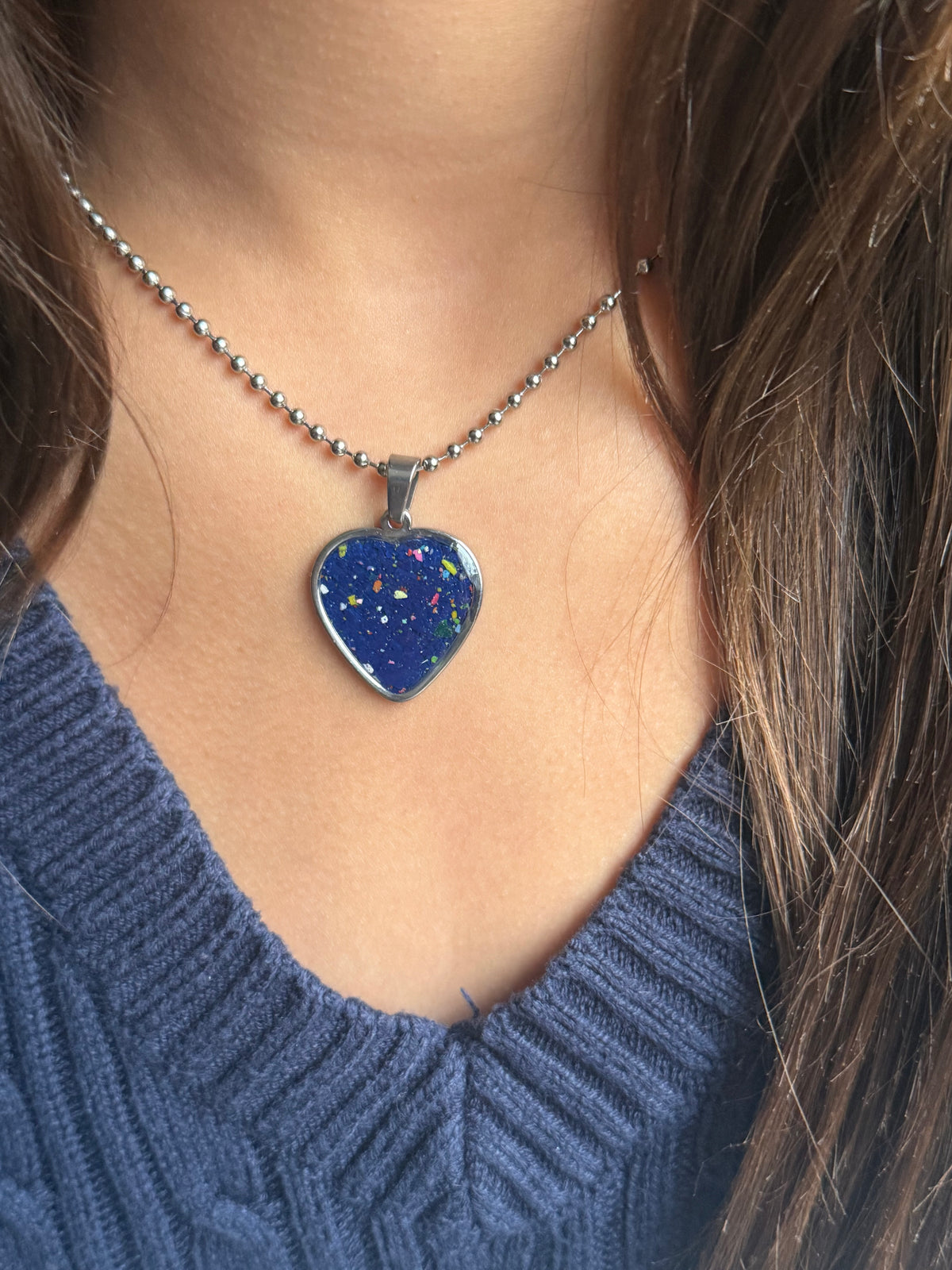 navy blue crayon filled heart shaped stainless steel pendant. crayon jewelry by crayonfetti