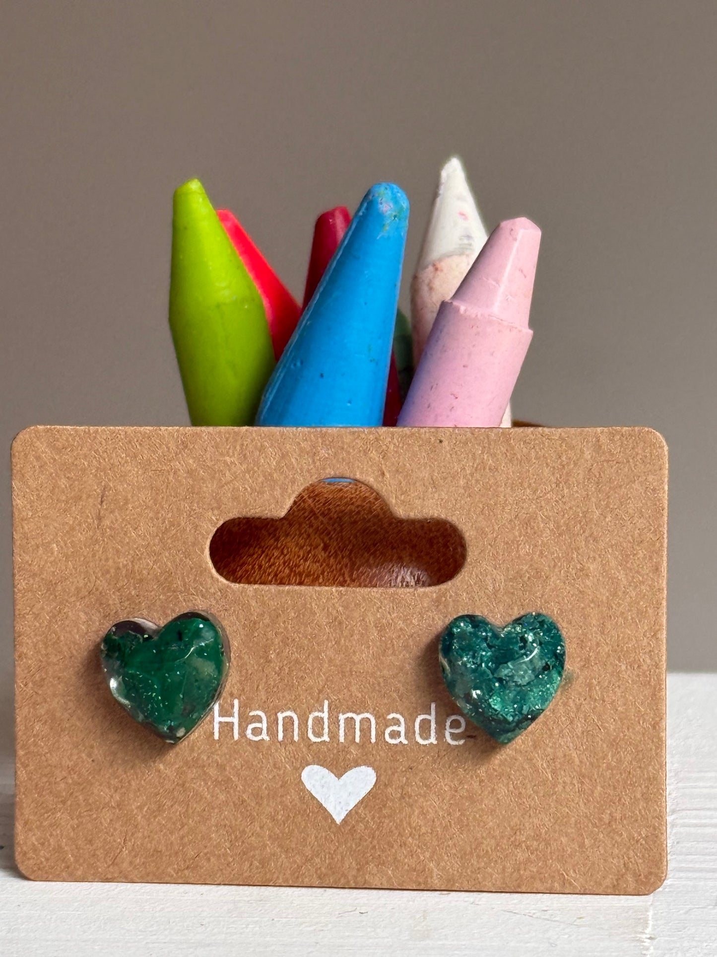 Small Heart Crayonfetti Studs (Emerald)