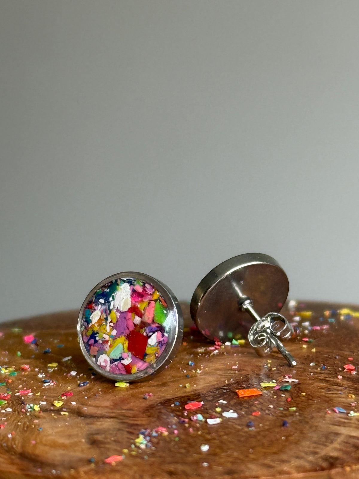 Round Viva stud earrings made from colorful reclaimed crayons