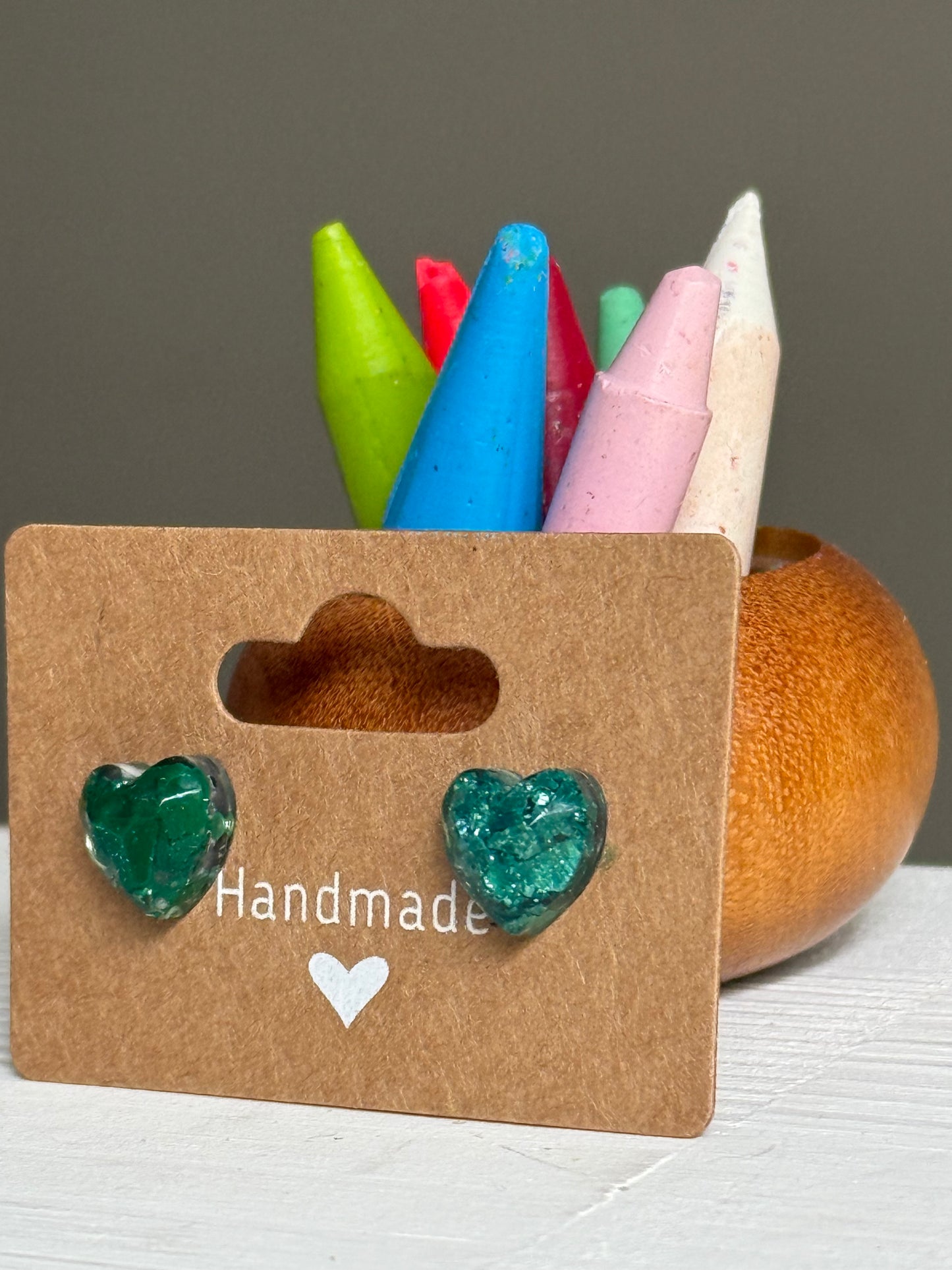 Small Heart Crayonfetti Studs (Emerald)