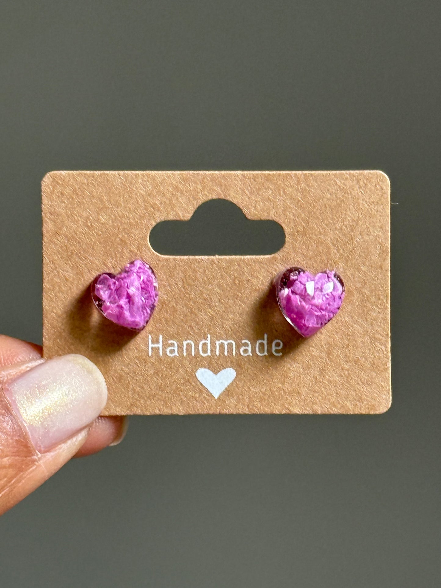 purple orchid small heart studs filled with crayon shavings. Hypoallergenic posts. Crayonfetti crayon jewelry by mother-daughter based in Atlanta, Georgia.