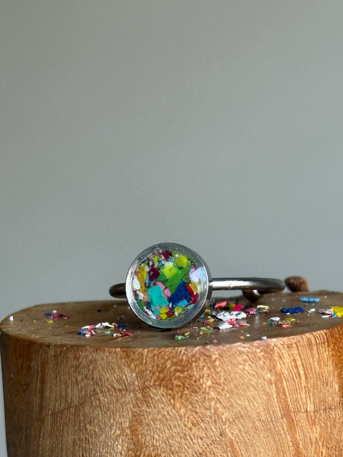Handcrafted ring made with recycled crayons, featuring a polished and sophisticated silhouette. Made by mother-daughter studio in Atlanta, GA. It's crayon jewelry.