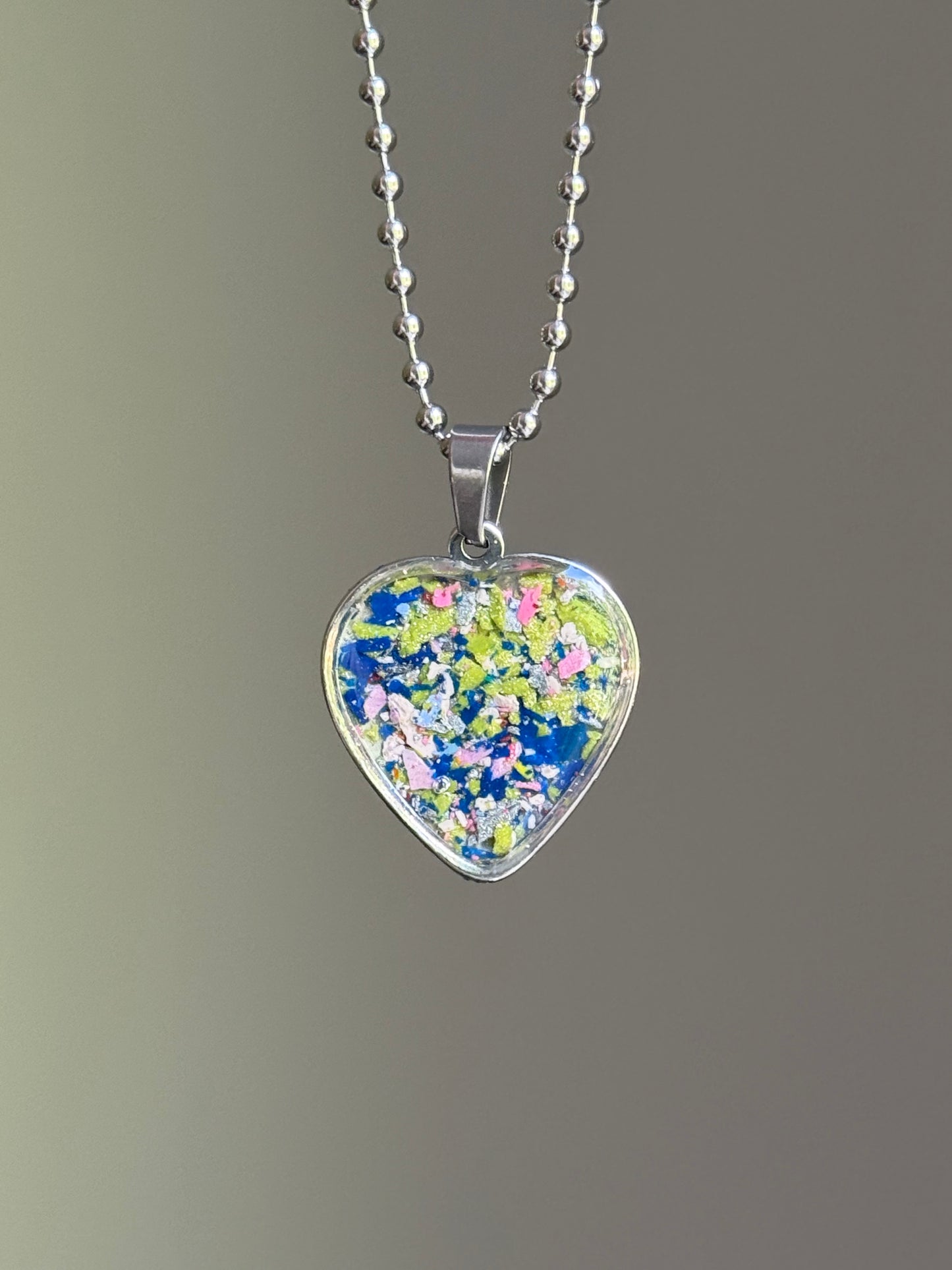 green blue pink heart pendant necklace colorful statement piece. Crayon jewelry by Crayonfetti, mother-daughter based in Atlanta.