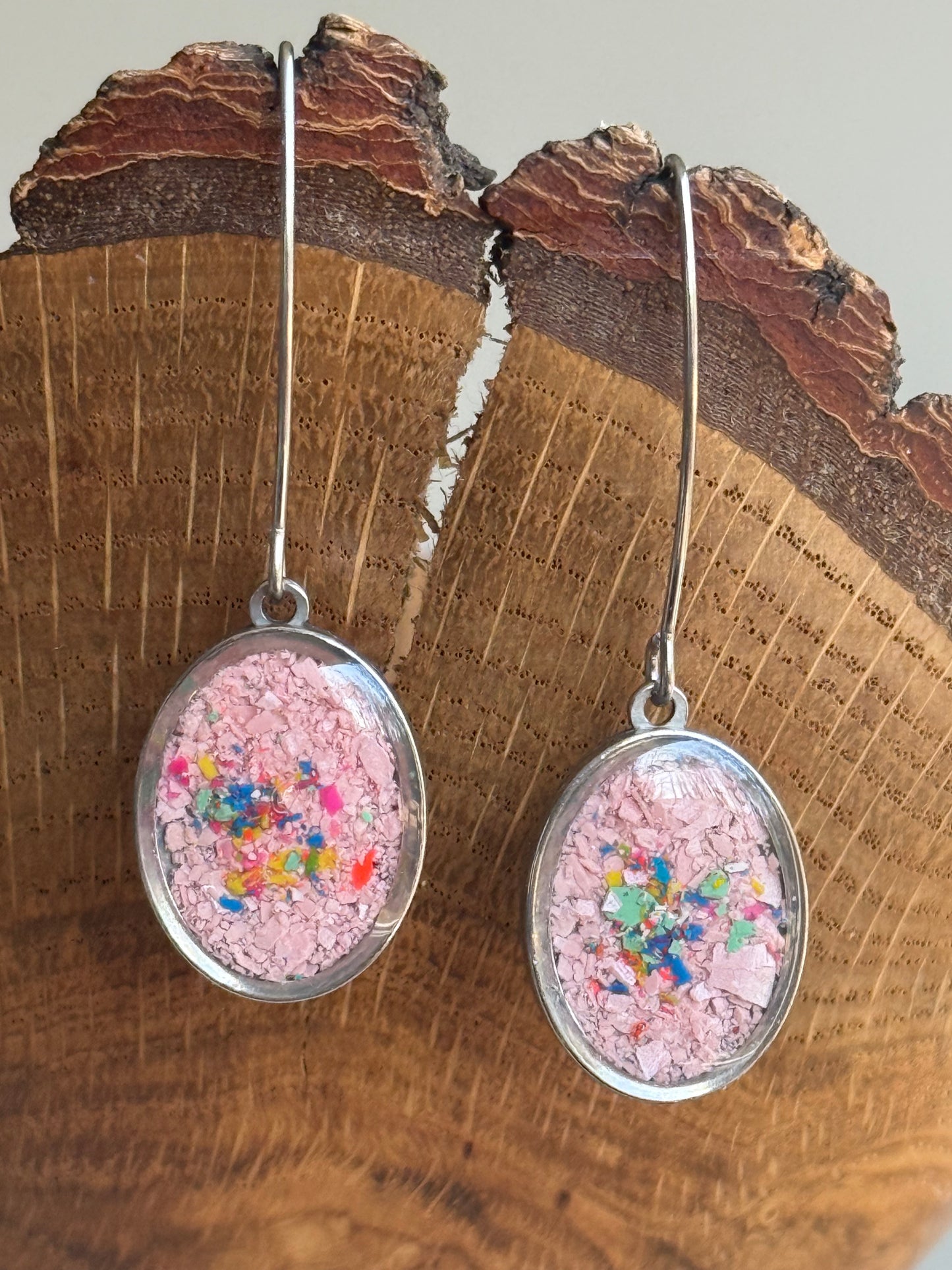 pink lightweight oval earrings in gift-ready packaging . crayonfetti crayon jewelry by mother-daughter based in Atlanta, GA.