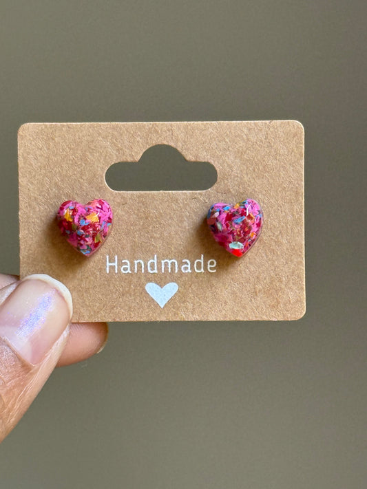 Small Heart Crayonfetti Studs (Pink Rainbow)