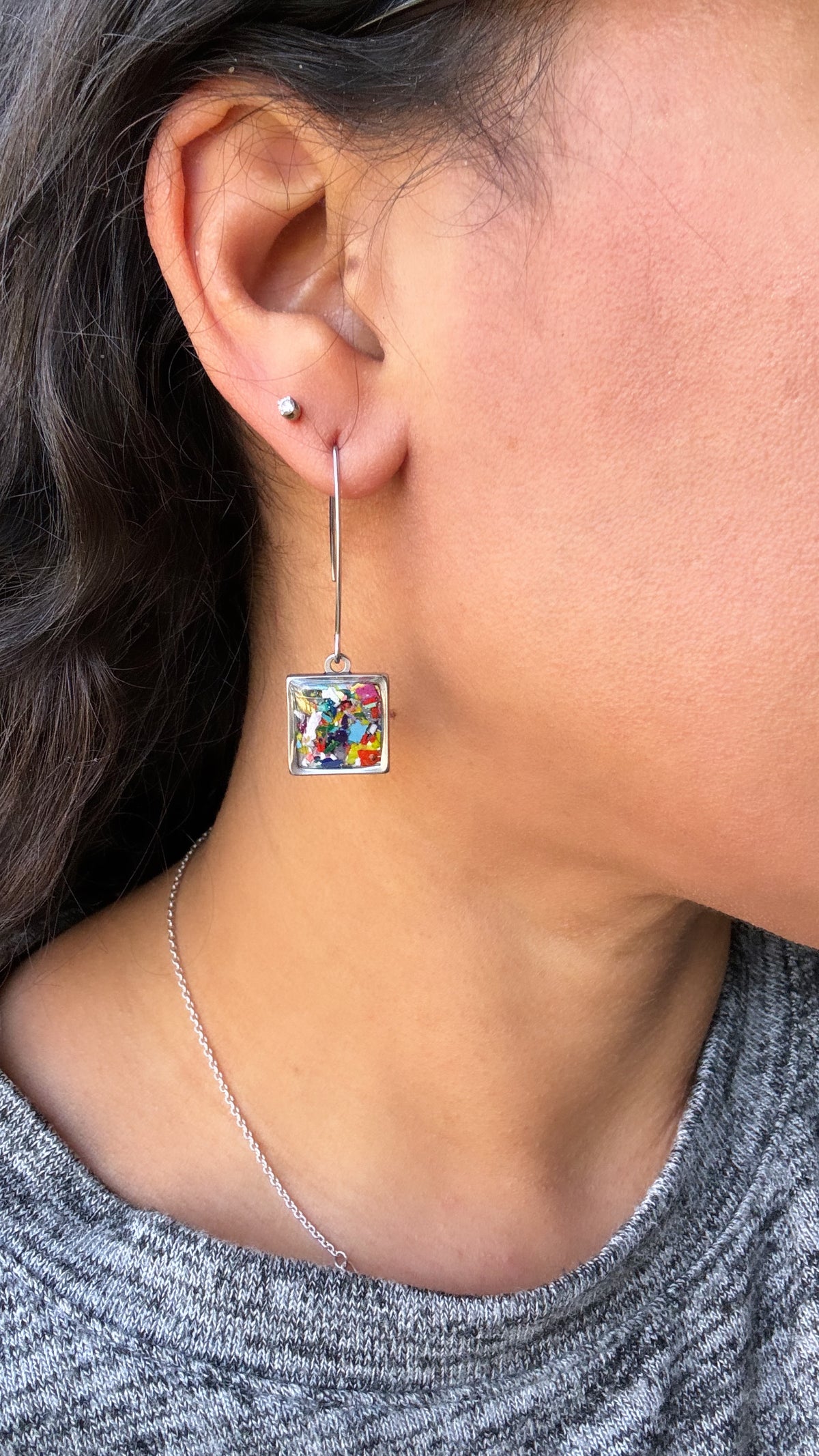 long, square shaped, stainless steel earrings crafted with crayons by crayonfetti
