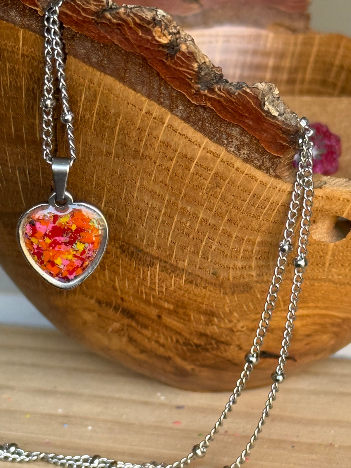orange red and pink small heart-shaped stainless steel pendant. crayonfetti crayon jewelry by mother daughter based in atlanta , ga.