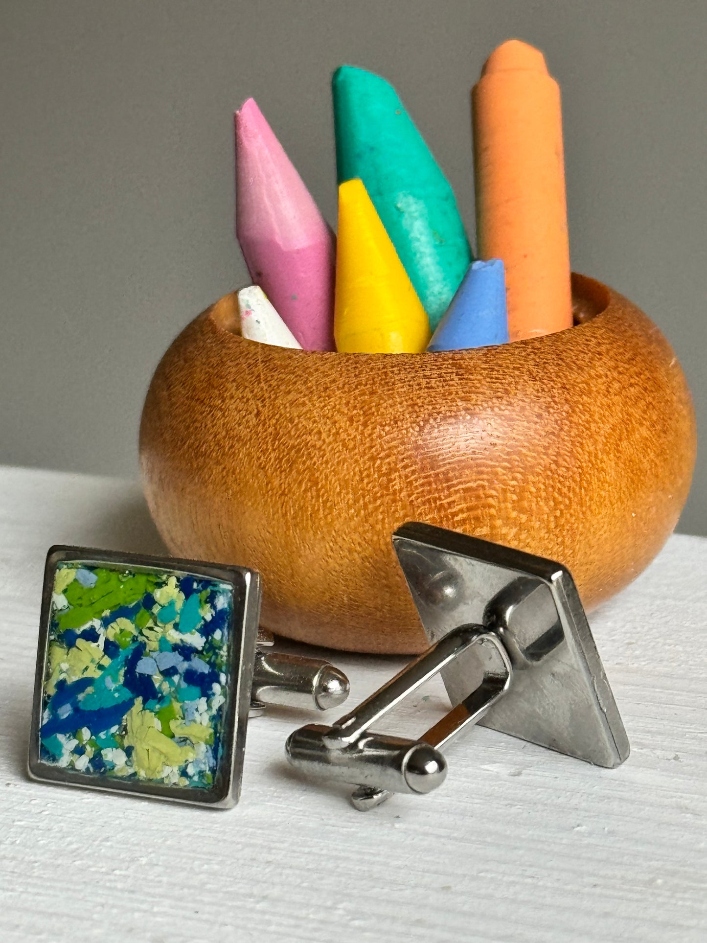 Square statement cuff links crafted with recycled blue green and yellow crayons by our Georgia-based mother-daughter team. Vibrant, one-of-a-kind sustainable cuff links