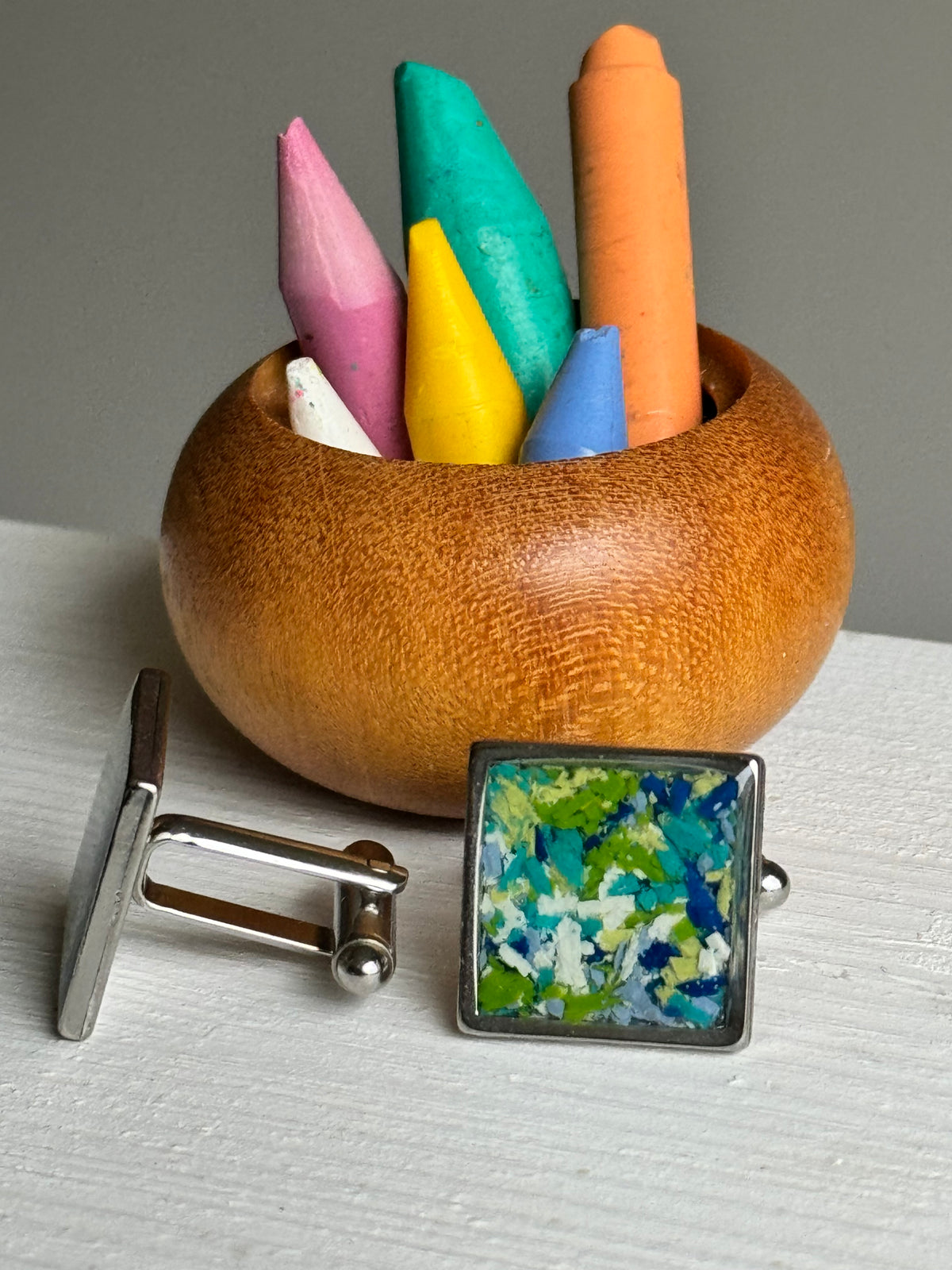 Square statement cuff links crafted with recycled blue green and yellow crayons by our Georgia-based mother-daughter team. Vibrant, one-of-a-kind sustainable cuff links