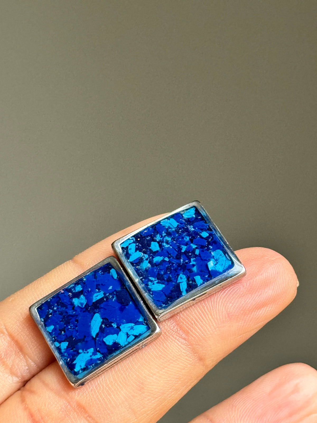 Square statement cuff links crafted with recycled blue crayons by our Georgia-based mother-daughter team. Vibrant, one-of-a-kind sustainable cuff links