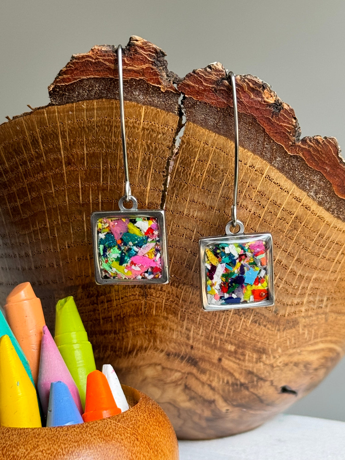 square shaped stainless steel earrings crafted with crayons by crayonfetti