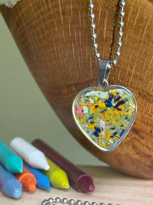 multicolor swirl crayon shavings heart necklace handmade jewelry. Crayon jewelry by Crayonfetti, mother-daughter based in Atlanta