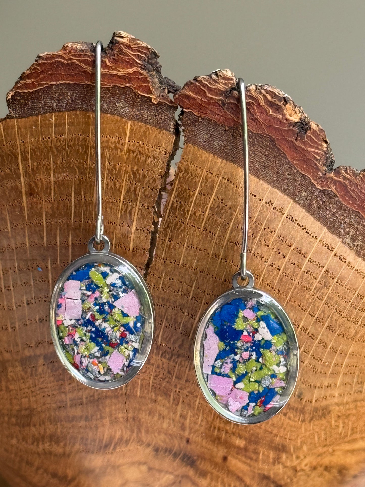 oval earrings made with crayon.  crayon jewelry by mother daughter based in atlanta ga