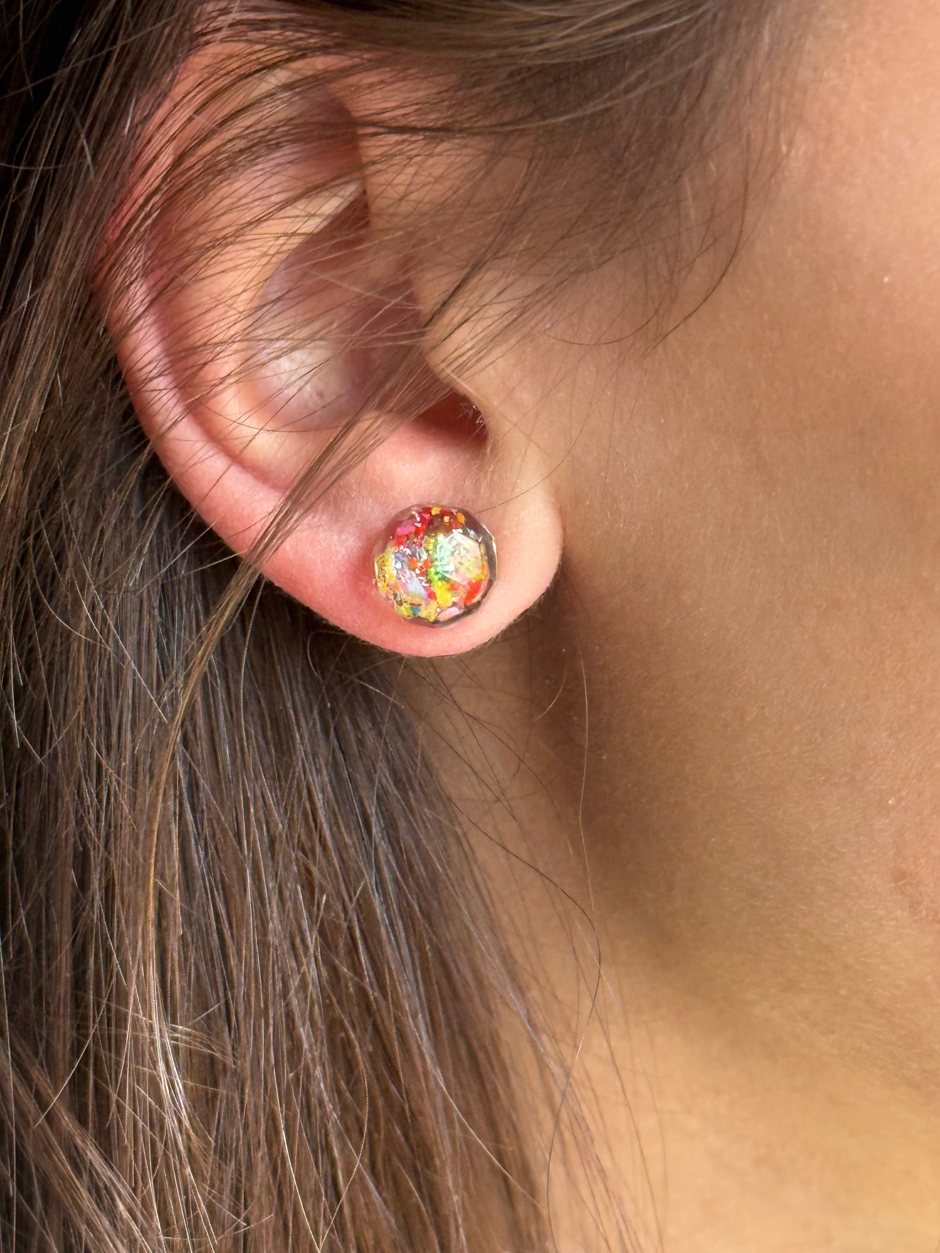 small colorful studs made with recycled crayons. Our crayon jewelry are a joyful pop-of-color made from our mother-daughter studio in Atlanta, GA.