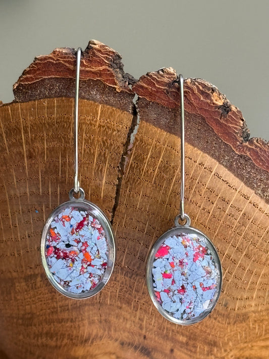 periwinkle color oval earrings made with crayons.  crayon jewelry by mother daughter based n atlanta