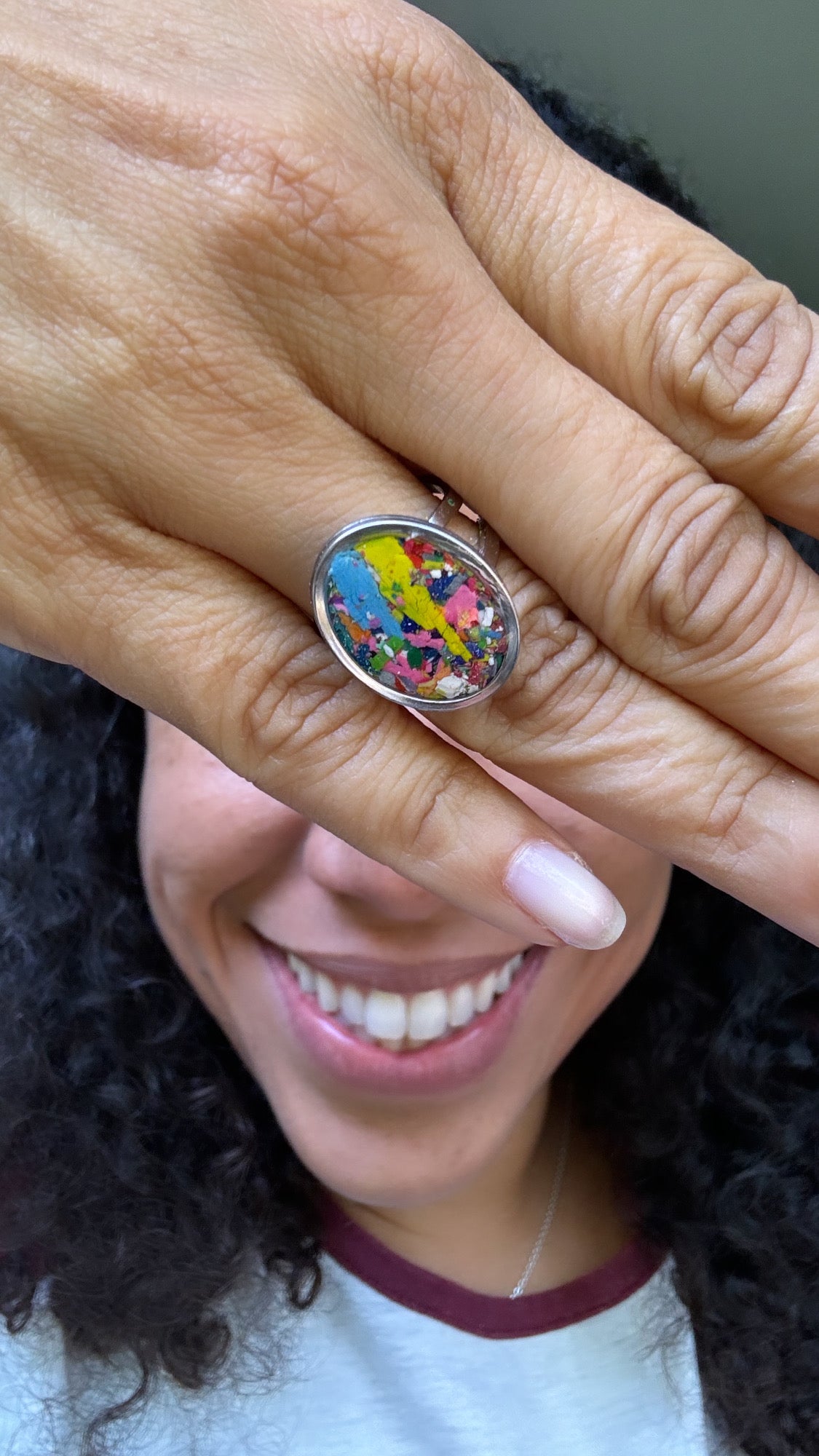 Handcrafted ring made with recycled crayons, featuring a polished and sophisticated silhouette. Made by mother-daughter studio in Atlanta, GA.  It's crayon jewelry.