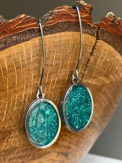 Turquoise oval earrings in gift-ready packaging — crayon jewelry by mother-daughter based in Atlanta, GA.