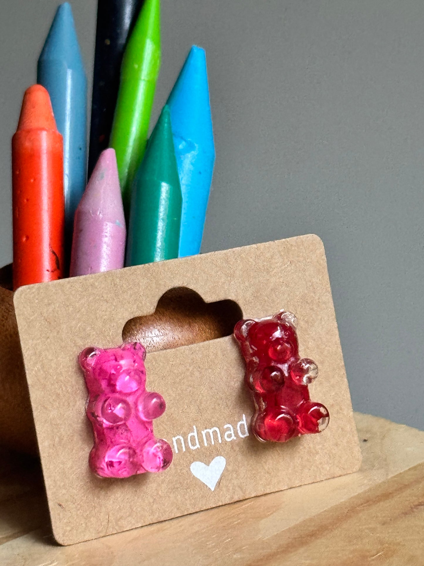 Crayon Bear Studs (Red and Pink)