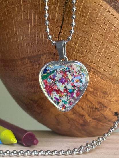 periwinkle blue red heart necklace handmade wearable art upcycled jewelry. Crayon jewelry by Crayonfetti, mother-daughter based in Atlanta.