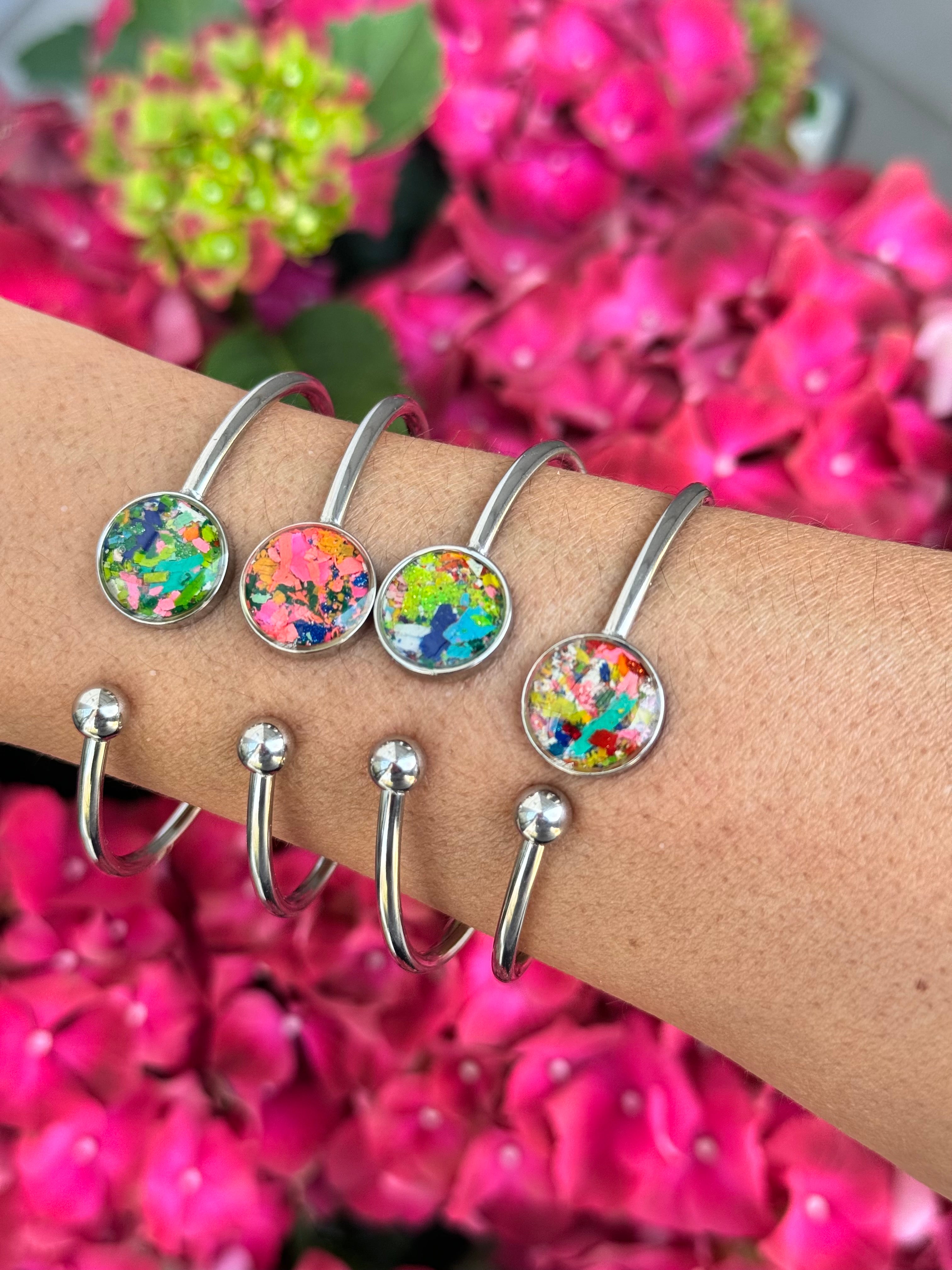 kalen redmon, crayonfetti, crayon jewelry, crayon art. colorful cuff bracelets