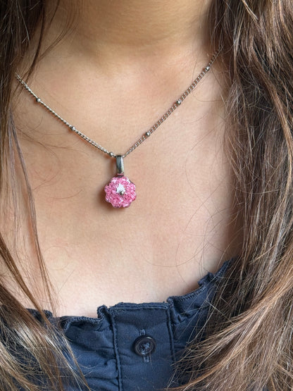 carnation pink flower pendant handcrafted with crayons. Chain included. Crayonfetti crayon jewelry by mother-daughter based in Atlanta.