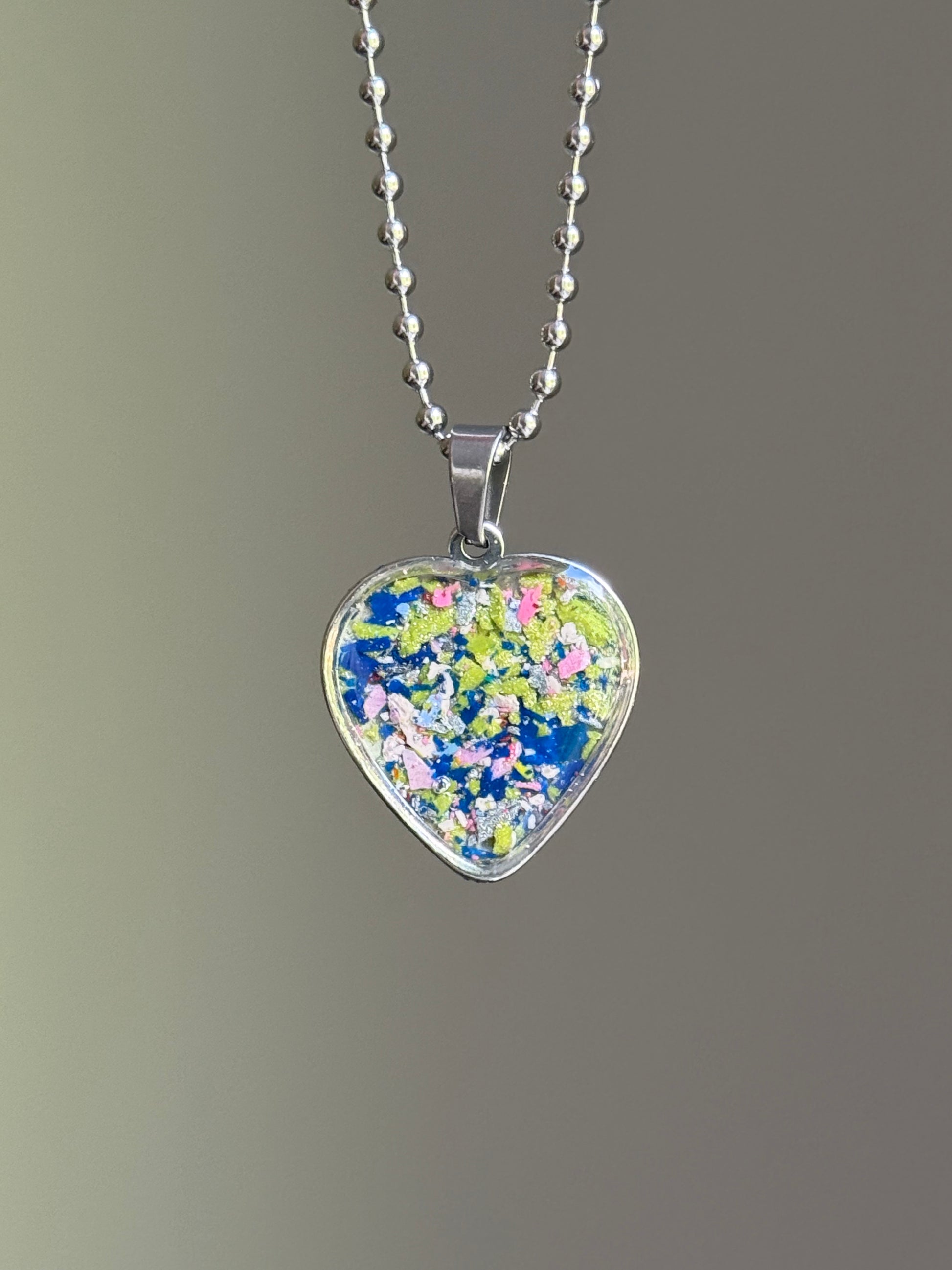 green blue pink heart pendant necklace colorful statement piece. Crayon jewelry by Crayonfetti, mother-daughter based in Atlanta.