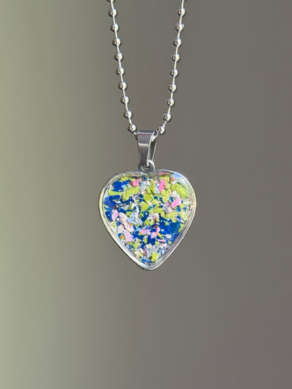green blue pink heart pendant necklace colorful statement piece. Crayon jewelry by Crayonfetti, mother-daughter based in Atlanta.