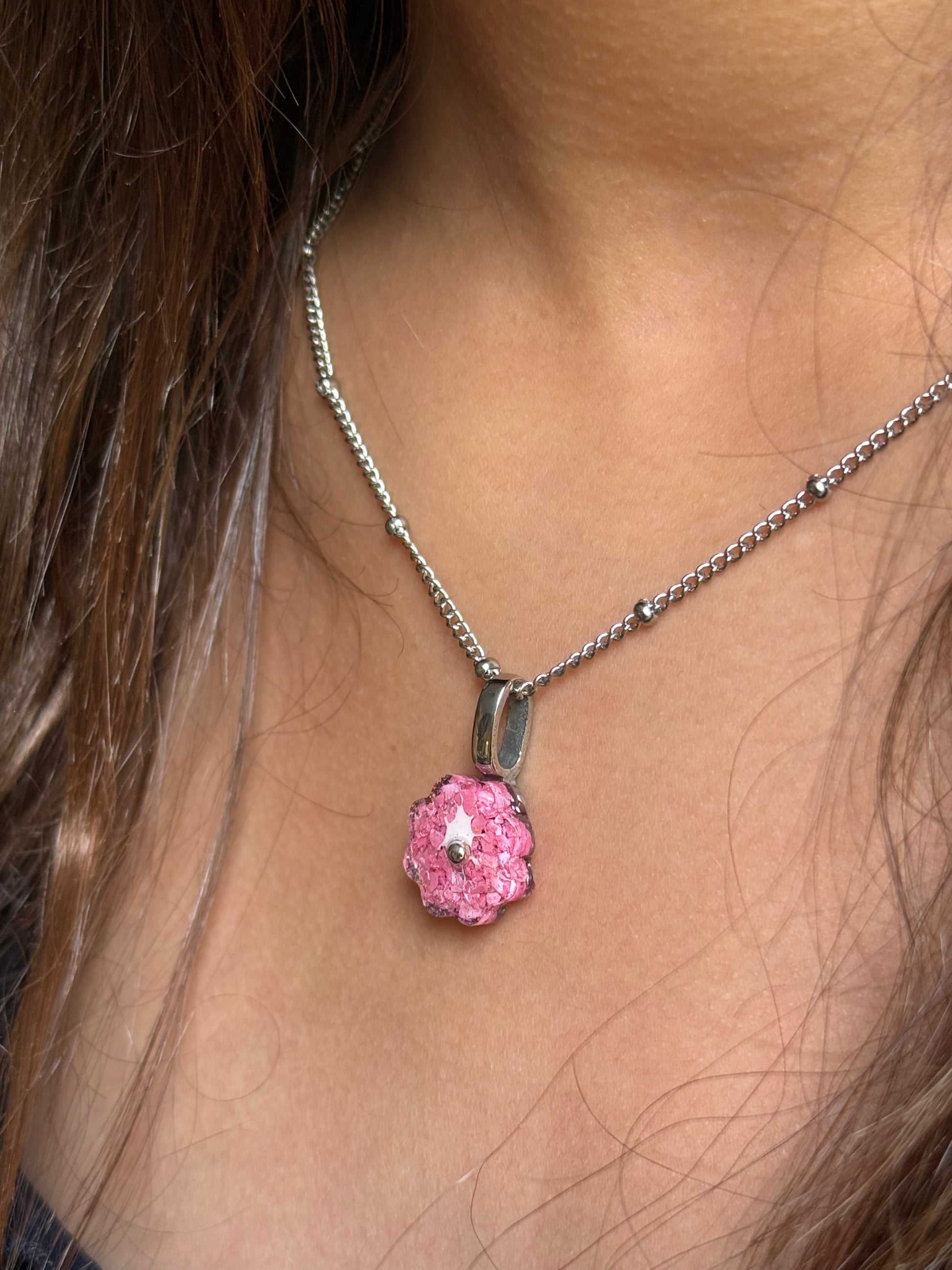 carnation pink flower pendant handcrafted with crayons. Chain included. Crayonfetti crayon jewelry by mother-daughter based in Atlanta.
