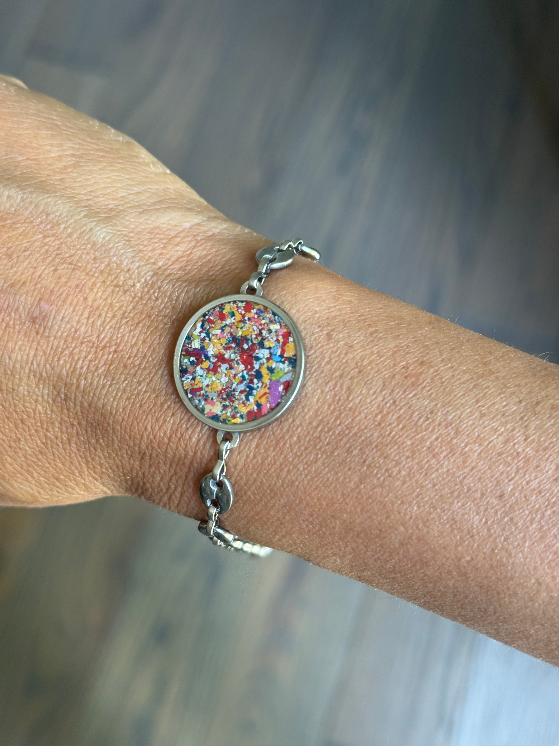 Mariner bracelet, stainless steel, filled with crayons. Crayon jewelry by Crayonfetti.  