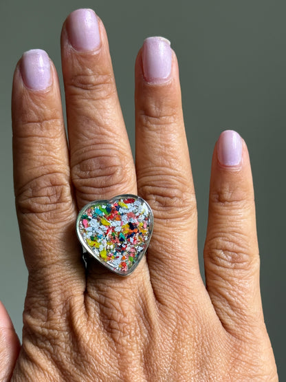 crayon shavings heart ring handmade statement jewelry. Crayon jewelry by Crayonfetti, mother-daughter based in Atlanta.