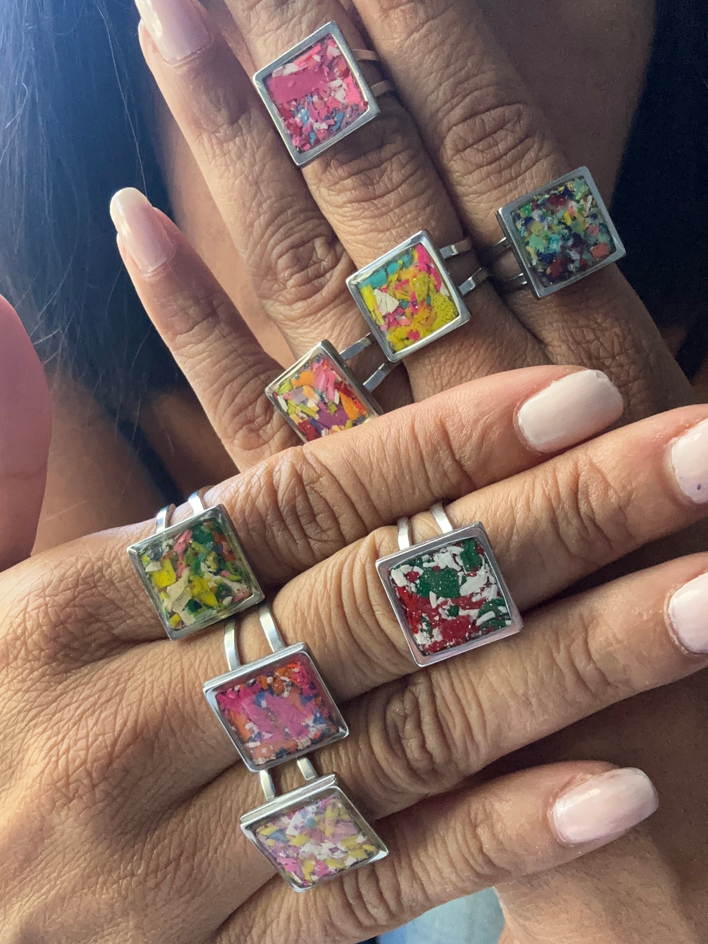 kalen redmon, crayonfetti, crayon jewelry, crayon art. colorful rings.