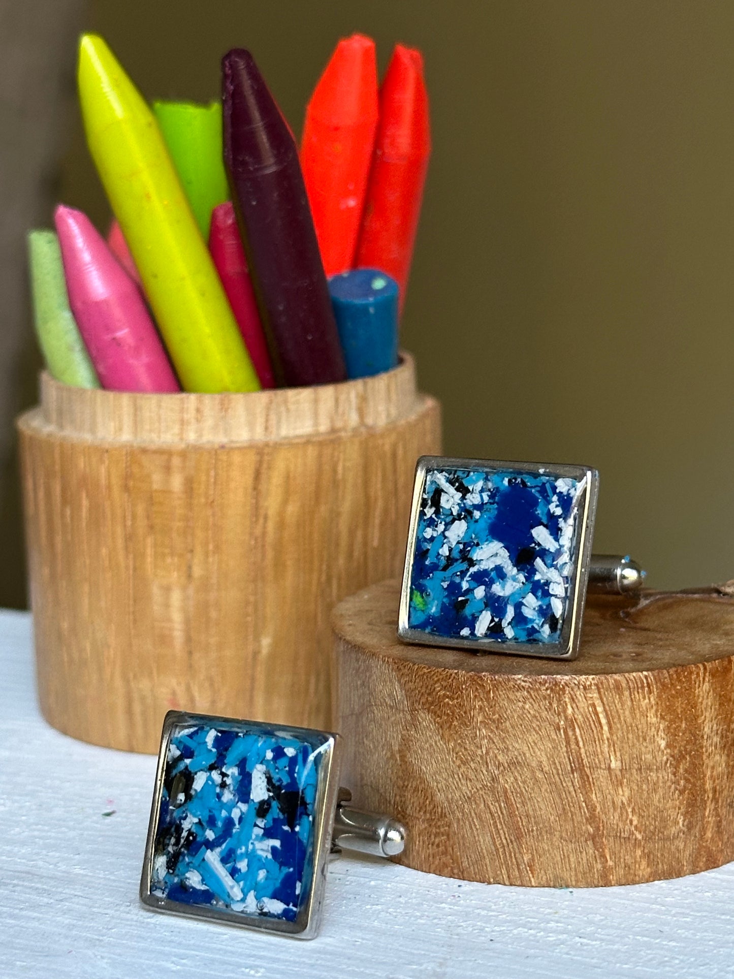 Square statement cuff links crafted with recycled blue crayons by our Georgia-based mother-daughter team. Vibrant, one-of-a-kind sustainable cuff links