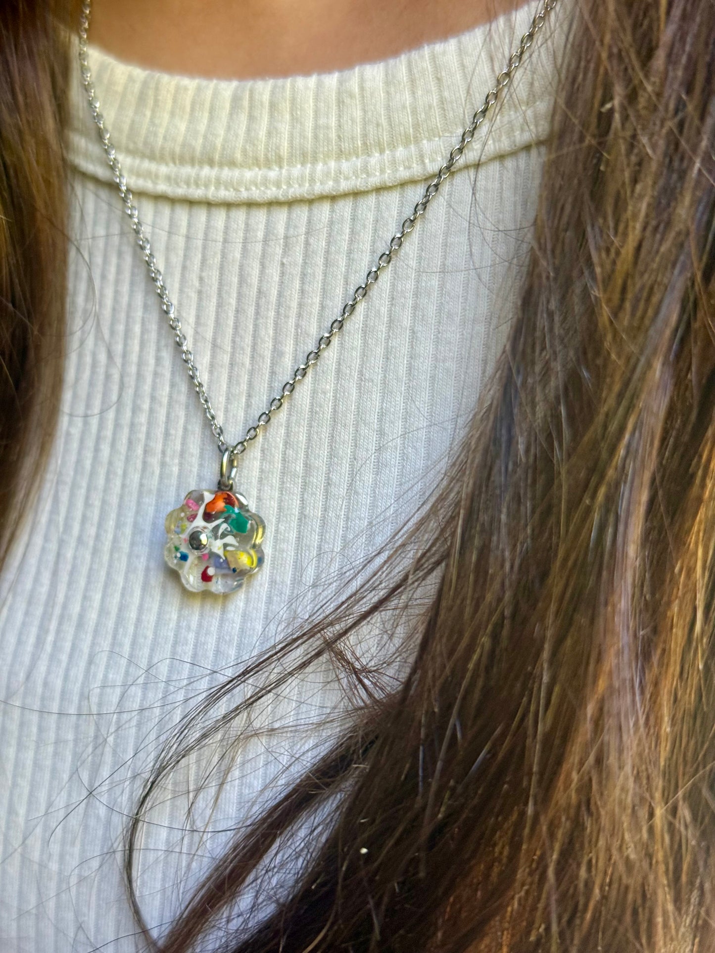 clear flower pendant handcrafted with crayons.  Chain included.  Crayonfetti crayon jewelry by mother daughter based in Atlanta