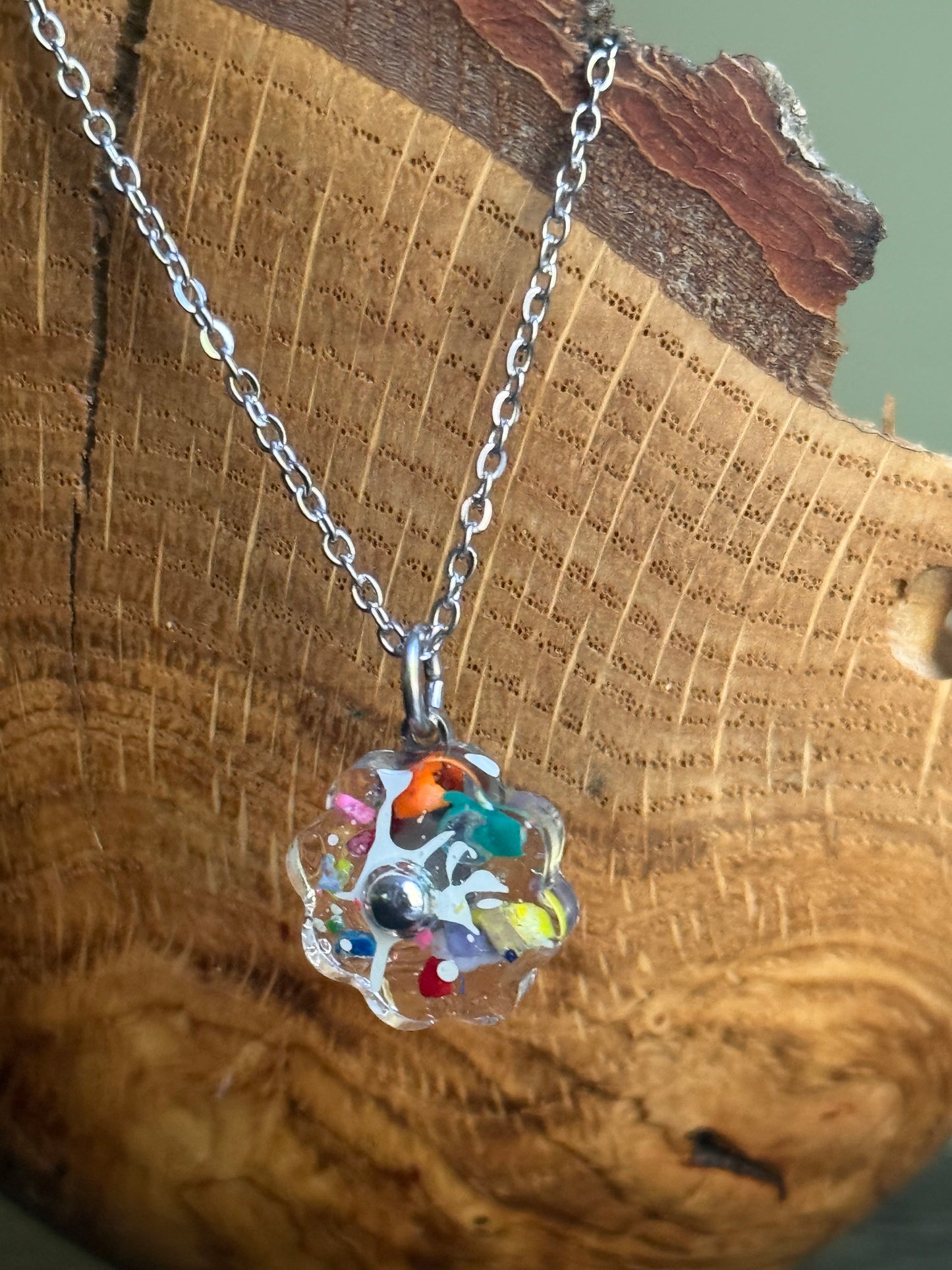 clear flower pendant handcrafted with crayons.  Chain included.  Crayonfetti crayon jewelry by mother daughter based in Atlanta