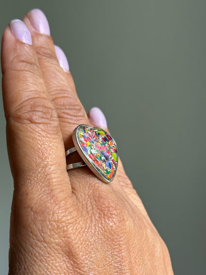 heart-shaped ring filled with colorful multicolor crayons.  crayonfetti crayon jewelry by mother daughter based in atlanta, ga