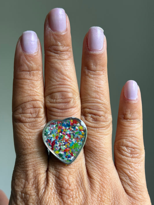 Handcrafted large heart-shaped ring made with recycled crayons, featuring a polished and sophisticated silhouette. and lots of greens.  Made by mother-daughter studio in Atlanta, GA.  It's crayon jewelry by crayonfetti.