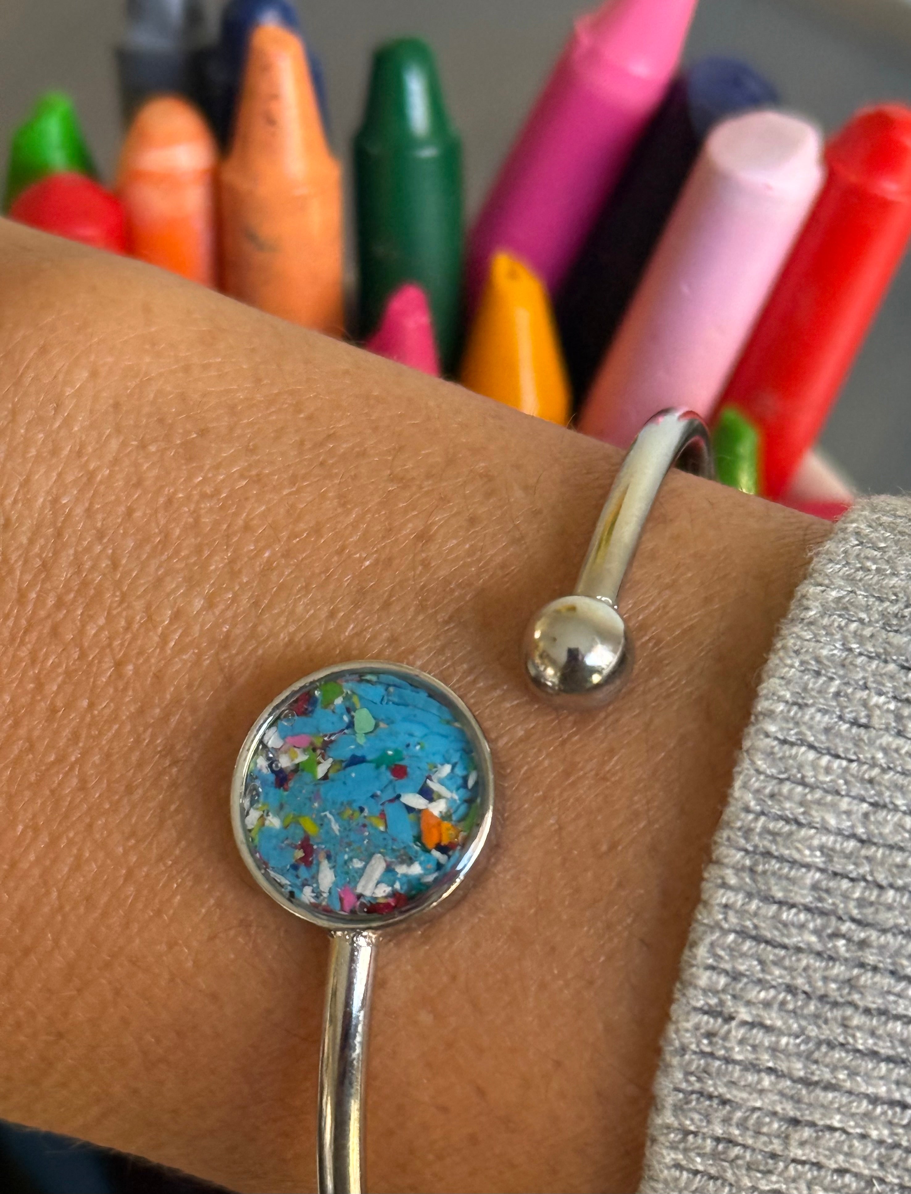 kalen redmon, crayonfetti, crayon jewelry, stainless steel jewelry, crayon art, resin jewelry, teacher gift, 