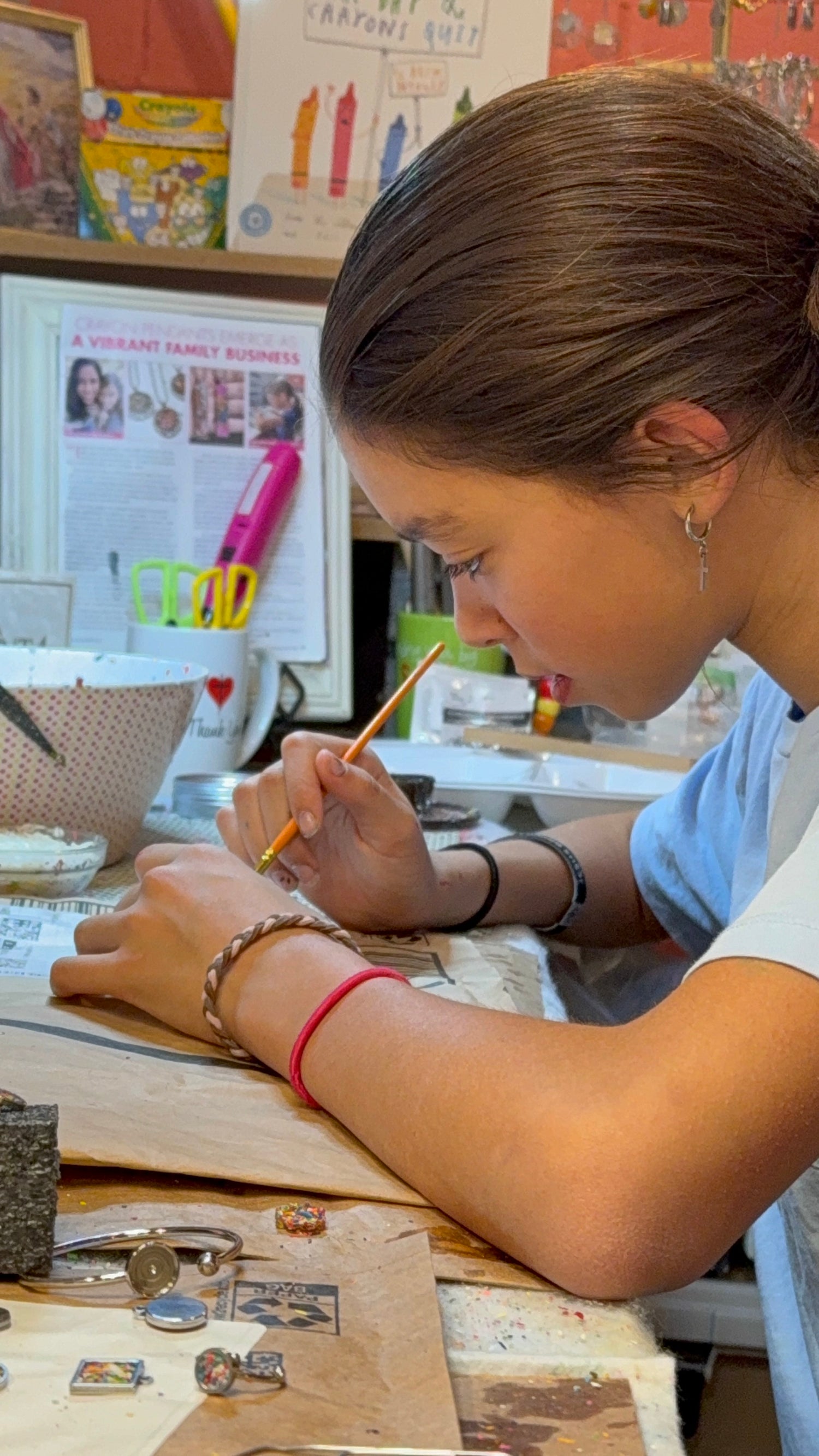 Mother Daughter Duo Transforming Crayons into Jewelry. kalen redmon, crayonfetti, crayon jewelry, crayon art, recycled fashion, stainless steel jewelry