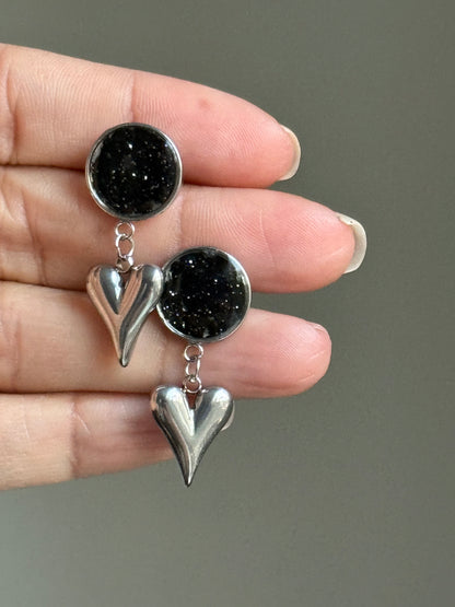 Black Bubble Heart Earrings