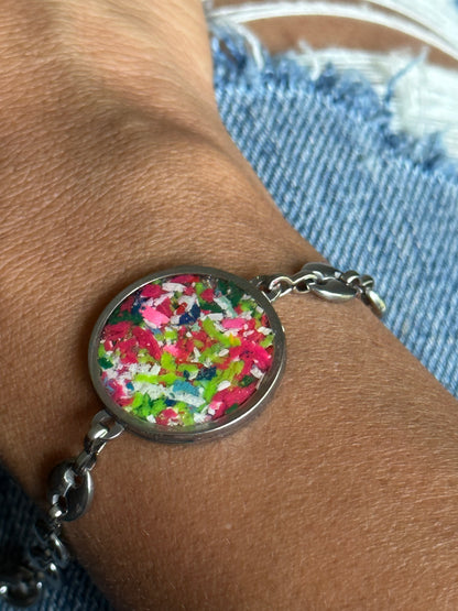Mariner bracelet featuring colorful recycled crayons and a stainless steel band.