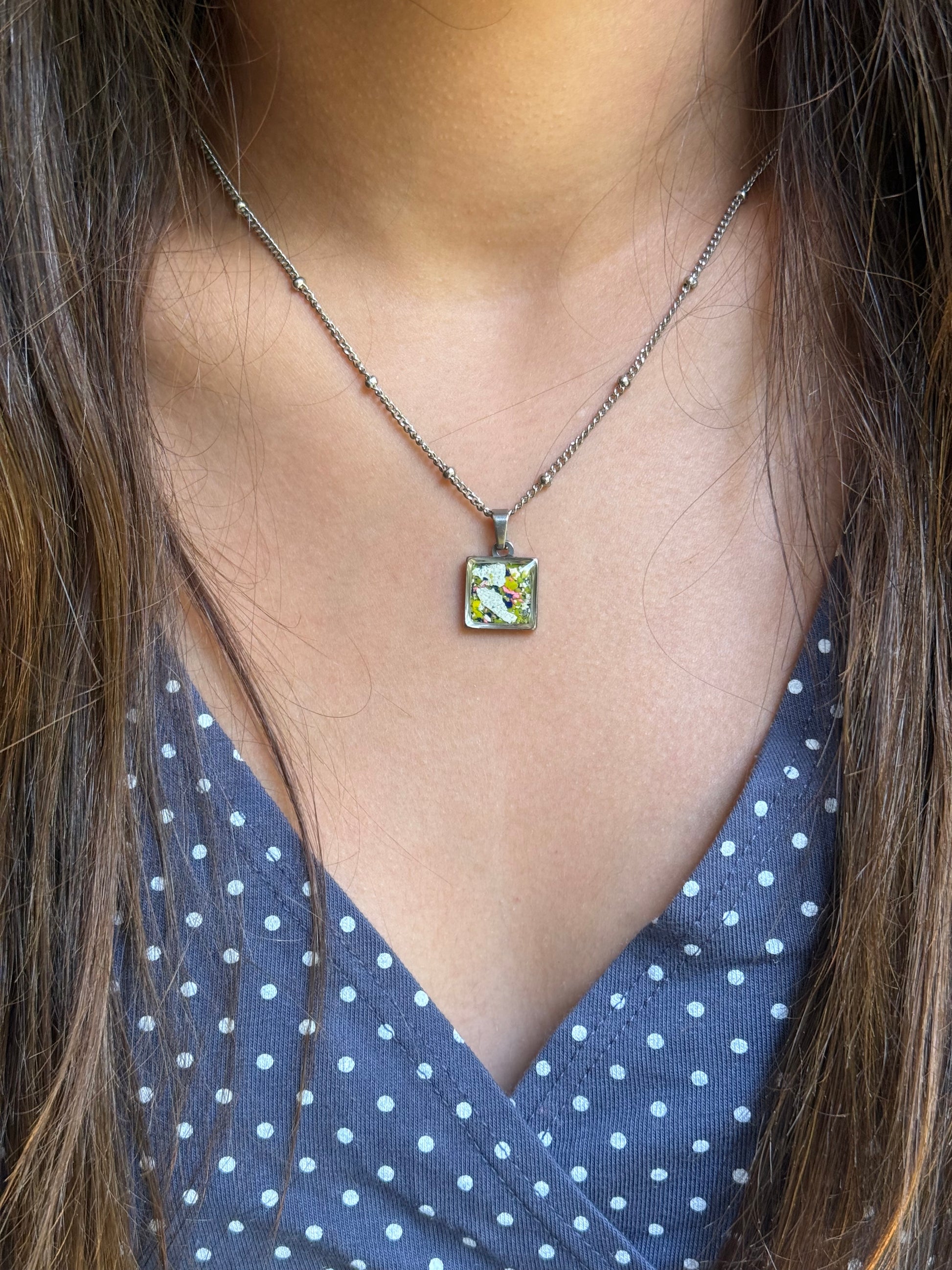 Dainty square necklace made with recycled crayon shavings, colorful crayon jewelry handcrafted for everyday wear.