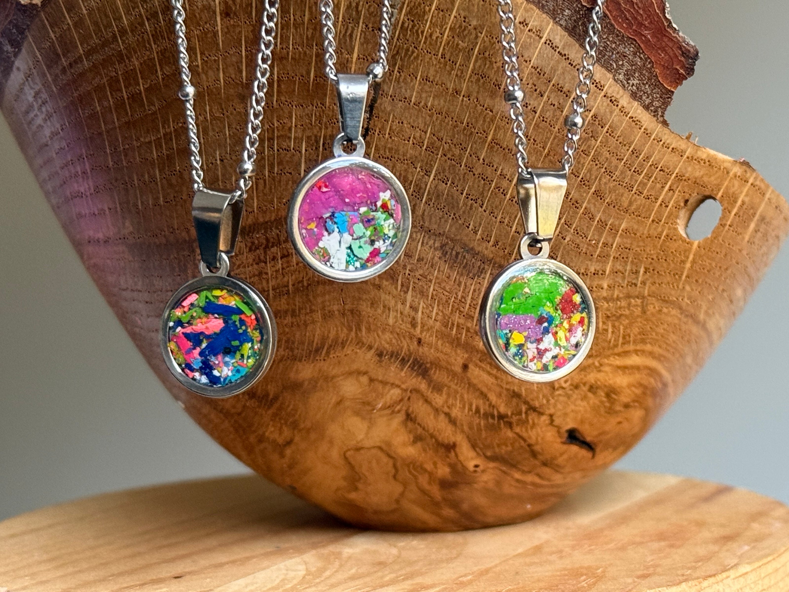 kalen redmon, crayonfetti, crayon jewelry, stainless steel jewelry, crayon art, resin jewelry, teacher gift, small colorful stainless steel necklaces