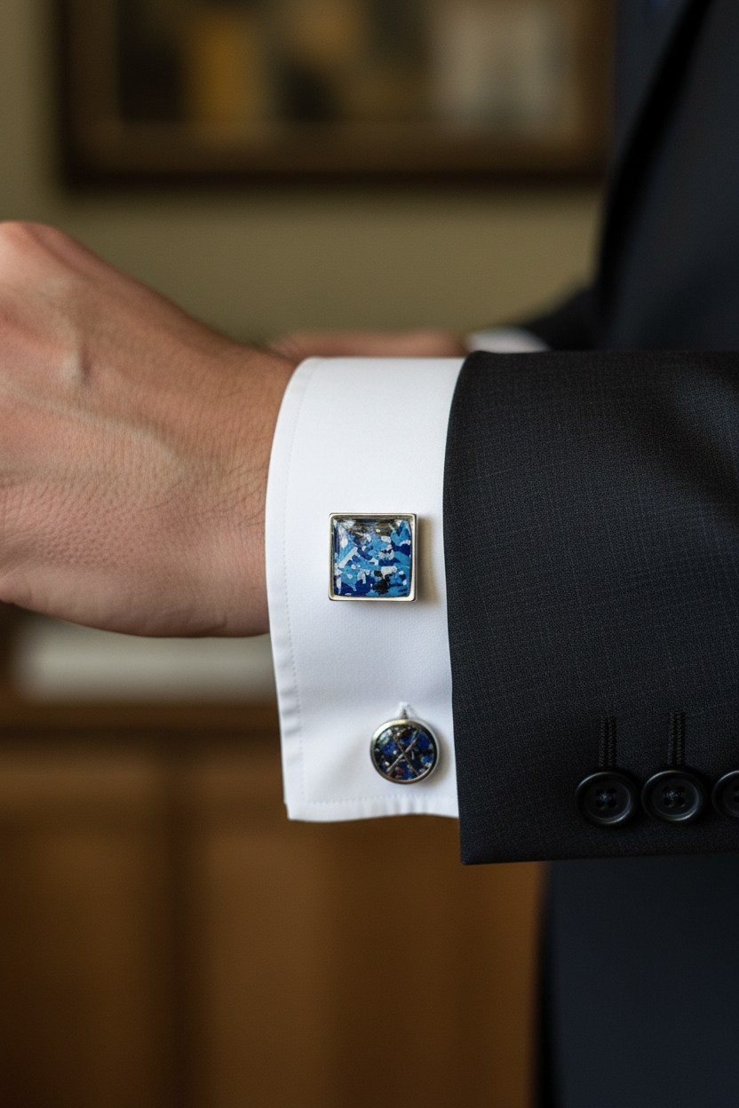Square statement cuff links crafted with recycled blue crayons by our Georgia-based mother-daughter team. Vibrant, one-of-a-kind sustainable cuff links