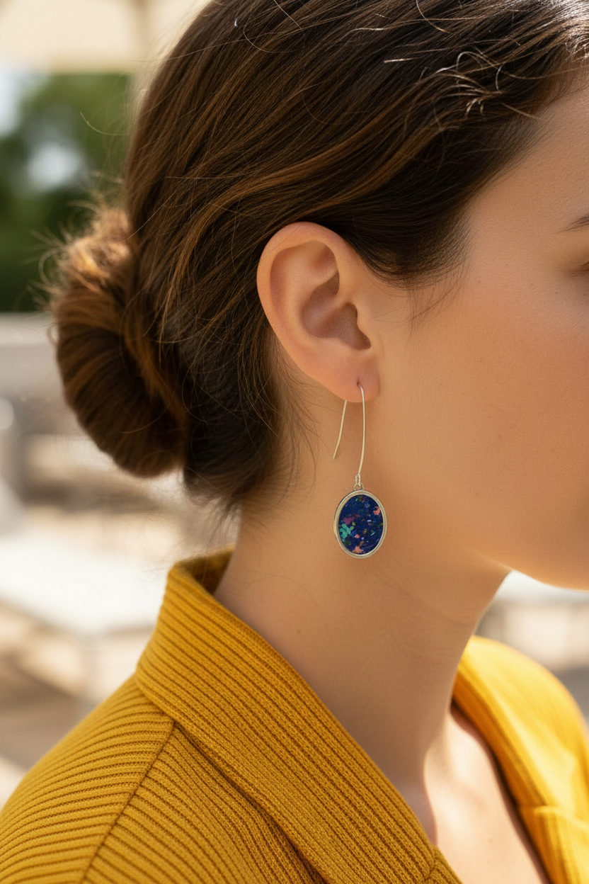 Blue Earring – Yellow Textured Shirt