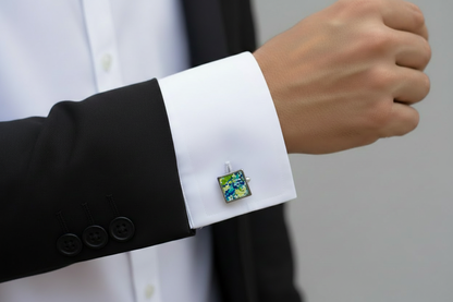 Square statement cuff links crafted with recycled blue green and yellow crayons by our Georgia-based mother-daughter team. Vibrant, one-of-a-kind sustainable cuff links