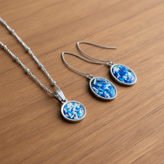 Blue Hues Pendant Necklace and Drop Earrings on Wood