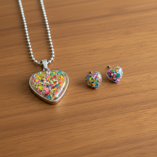 Colorful Heart Pendant and Gem Studs on Wood