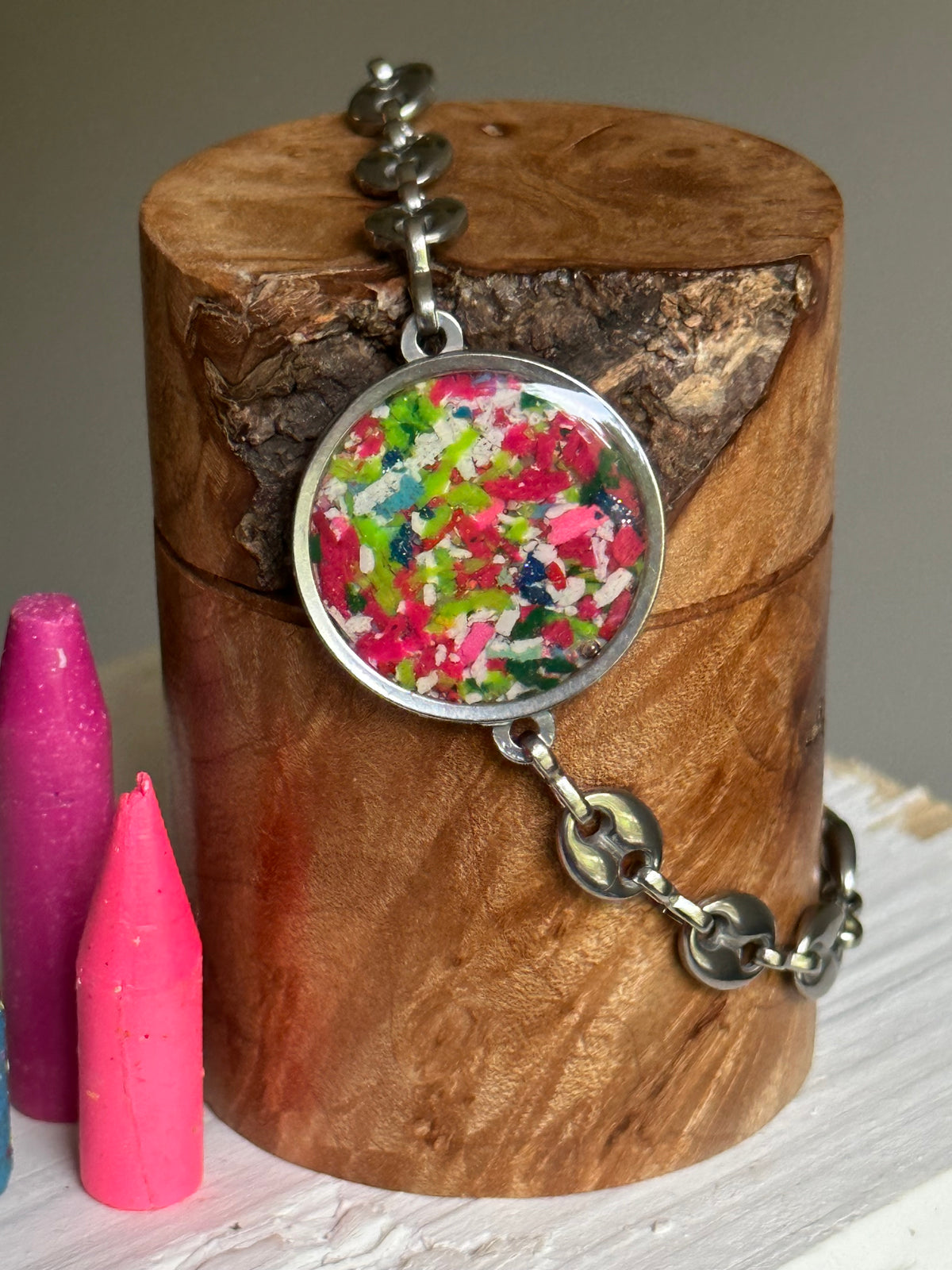 Mariner stainless steel bracelet with colorful reclaimed crayon pieces.